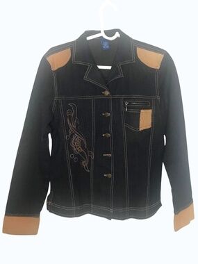 Y2 Blu Vintage Denim Jacket Women Medium Dark Wash Embroidered Western Contrast